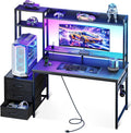 Casaottima 48 Inch Gaming Desk with Shelves & Hutch & 3 Drawers & LED Light | Reversible PC Desk with Tower Stand & Power Outlets, Computer Desk for Home Office, Carbon Fiber Black