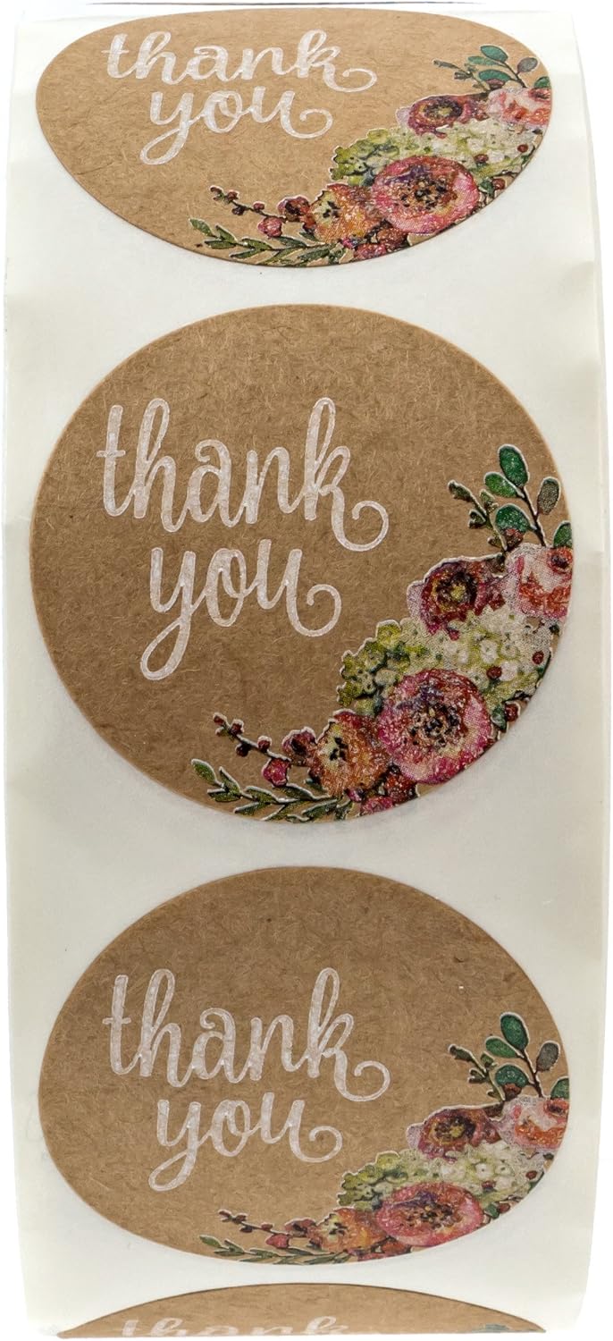 Brown Kraft Floral Thank You Stickers / 1000 Thanks Flowers Labels Roll / 1.5" Round Envelope Seals/Made in The USA