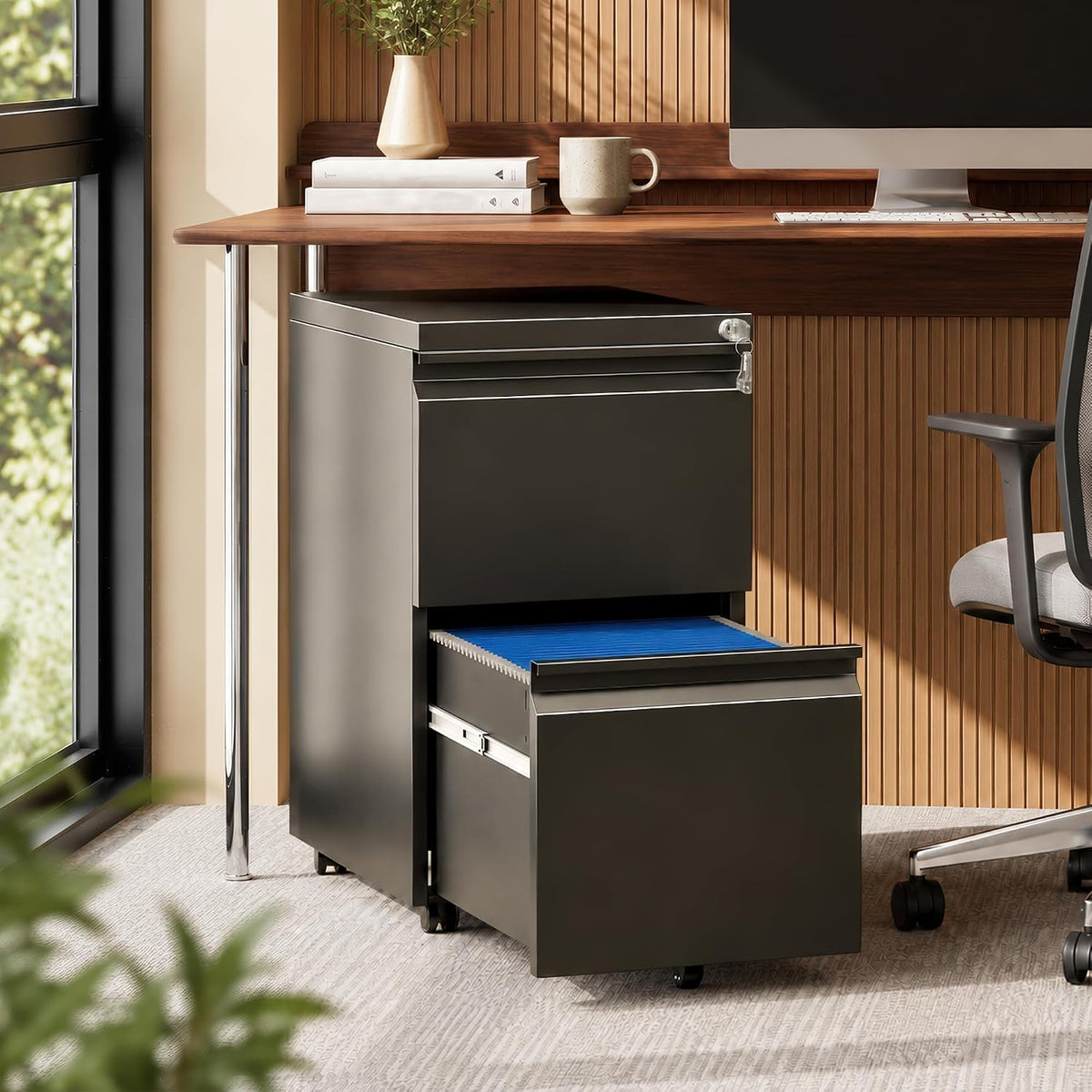 fully assembled 2 drawer mobile file cabinet with shown in use