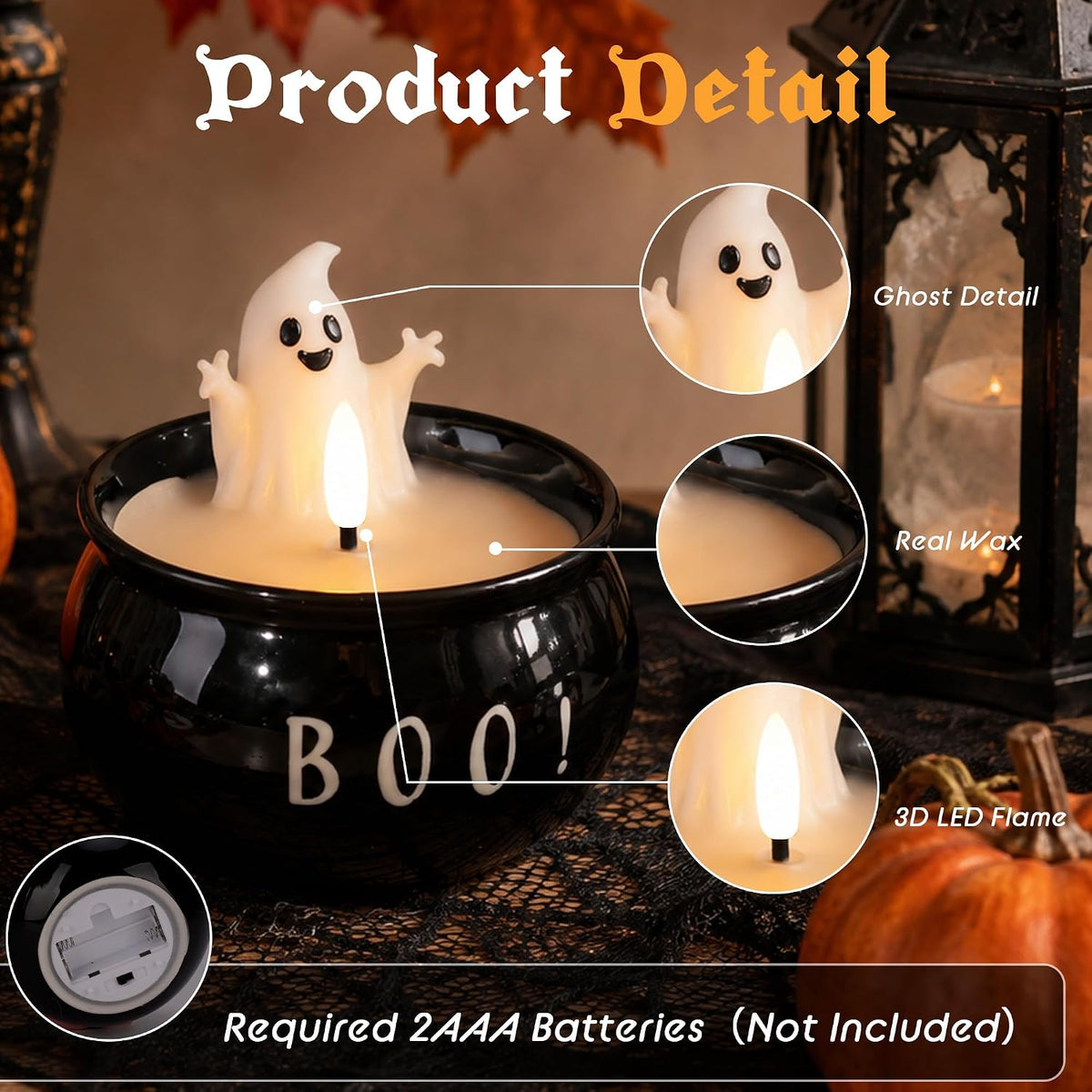 Halloween Flameless Candles 2 Pack, BOO Ghost Battery Operated LED Decor