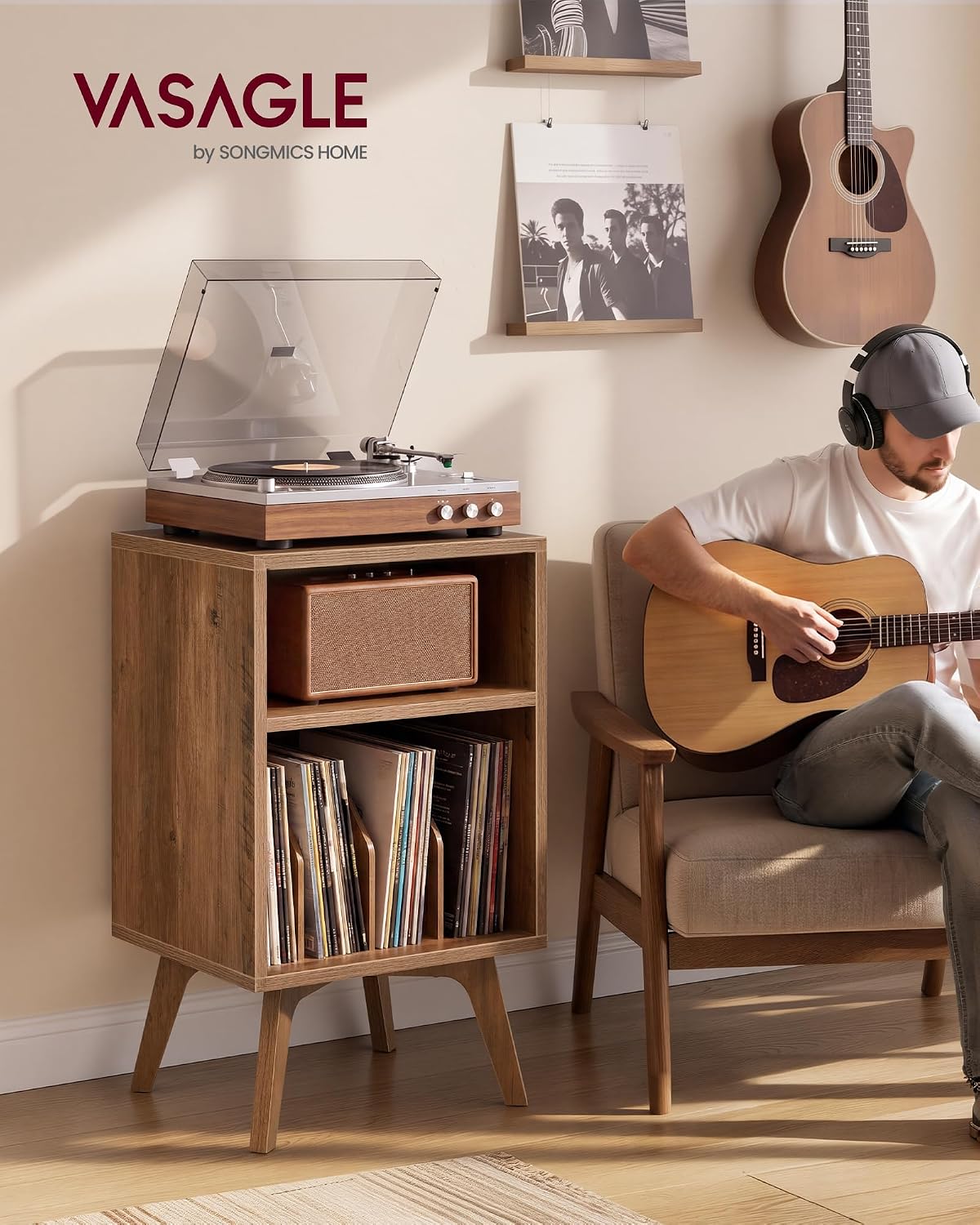 VASAGLE End Table, Mid-Century Record Player Stand, Holds 160 Albums