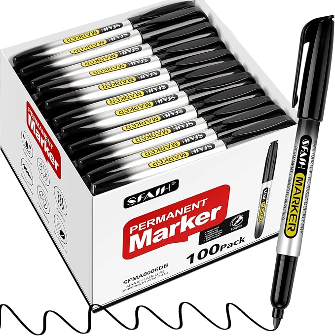 SFAIH 100 Black Permanent Markers Bulk -1s Quick Drying, Fine Point Markers by SFAIH