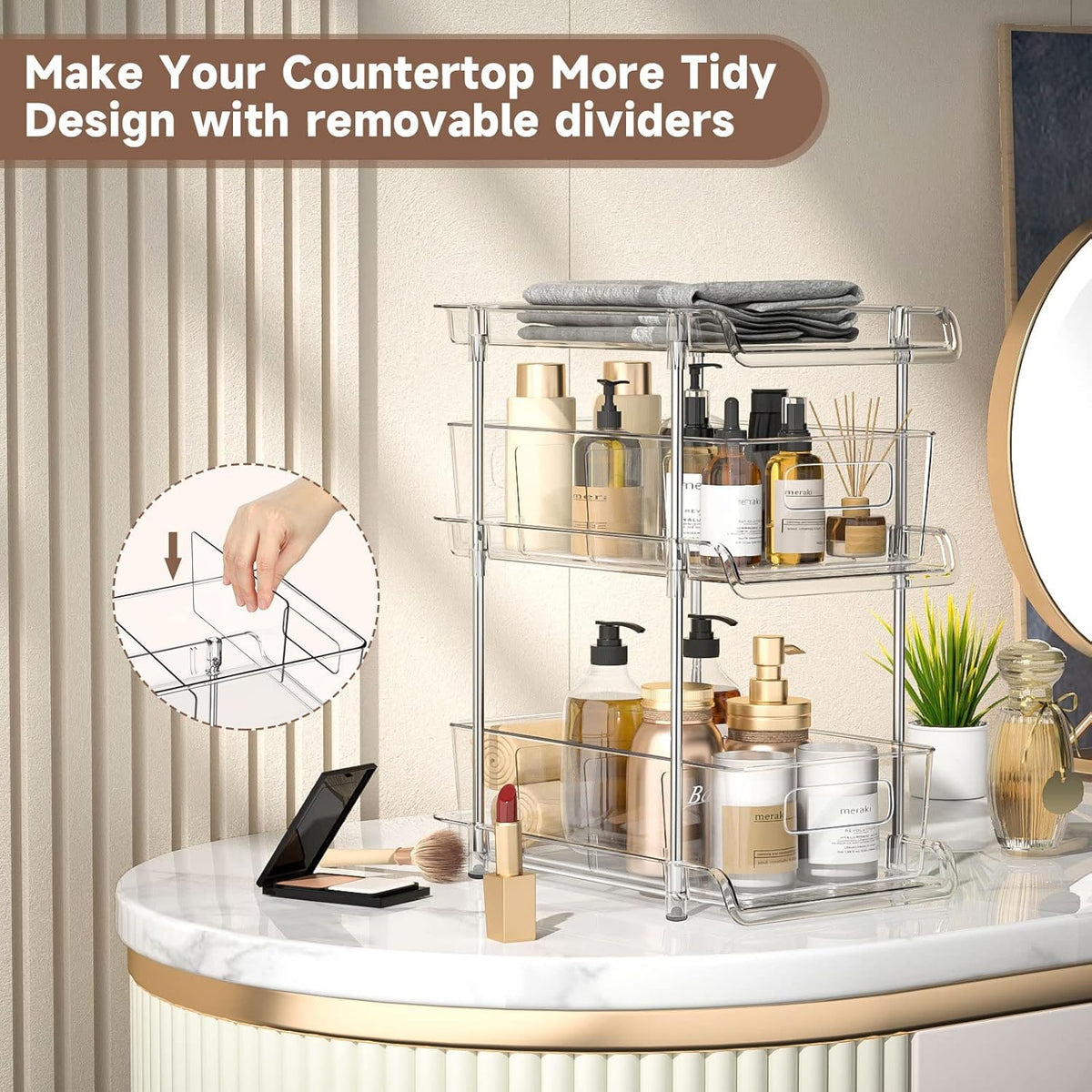 2Set 3 Tier Clear Bathroom Organizer with Dividers, Pull-Out Pantry Organizat...