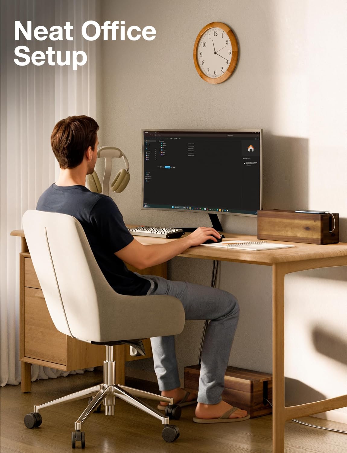 TIDITA Set 2 Wooden Large Cable Management Box Round Edge (Walnut Color)