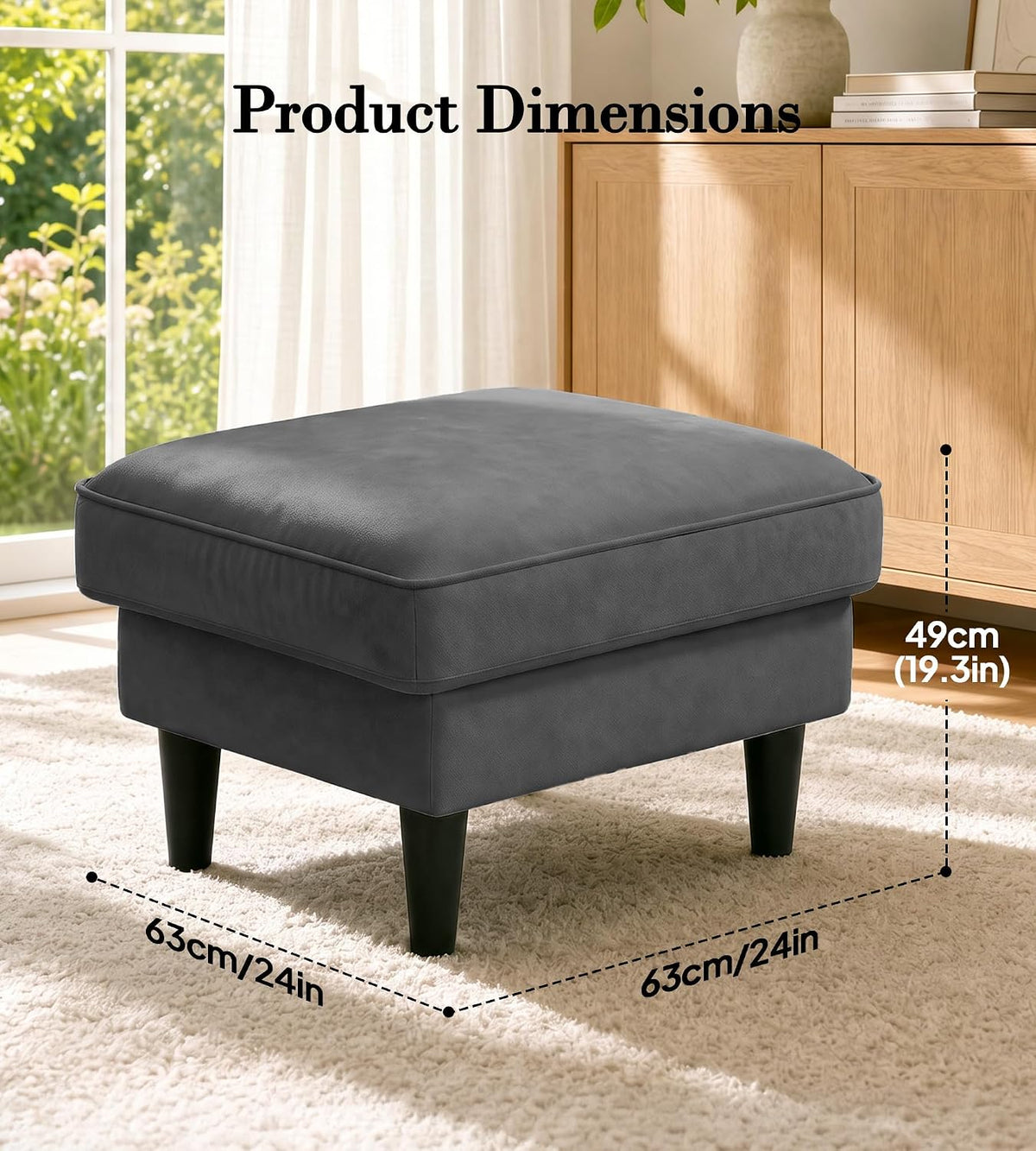 Welzona Velvet Ottoman, 25" Comfy Square Foot Stool for Sofa Couch, Grey
