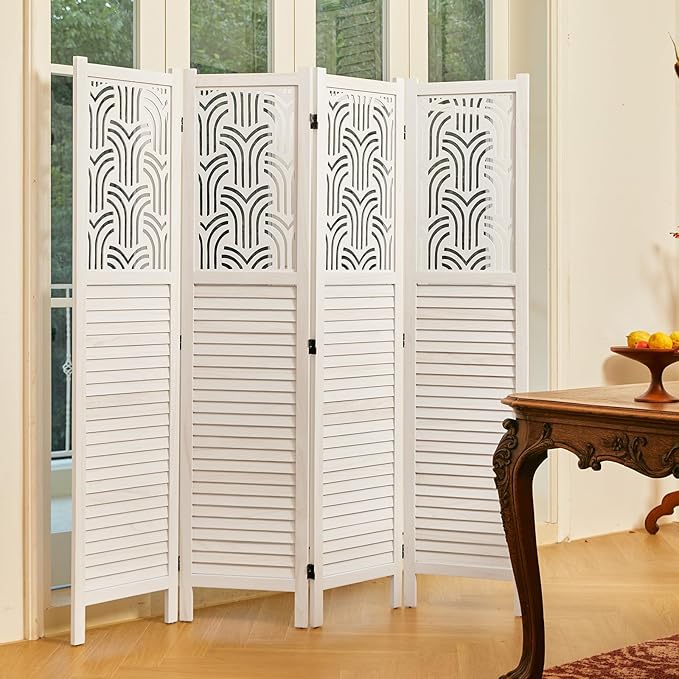 Svimi Folding Room Divider, 66.9 Inch 4 Panels Wood Carved Privacy Screens - Image 7