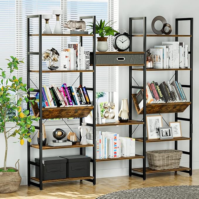 NUMENN Triple Wide 5 Tier Bookshelf, Adjustable Rustic Industrial Style Book - Image 2