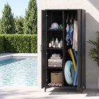 giantex 62” tall outdoor wicker storage cabinet with shown in use