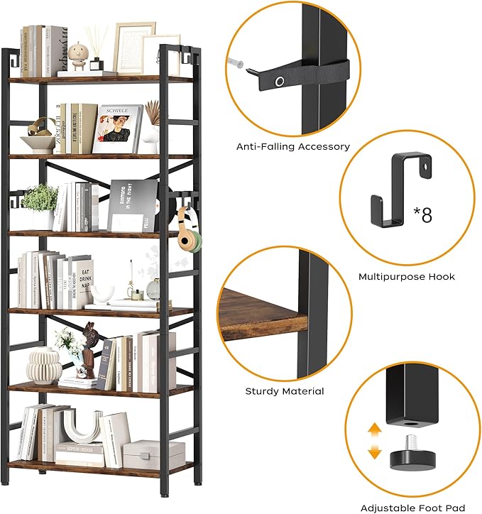 Homeiju 6 Tier Bookshelf, Industrial Bookcase - Image 4