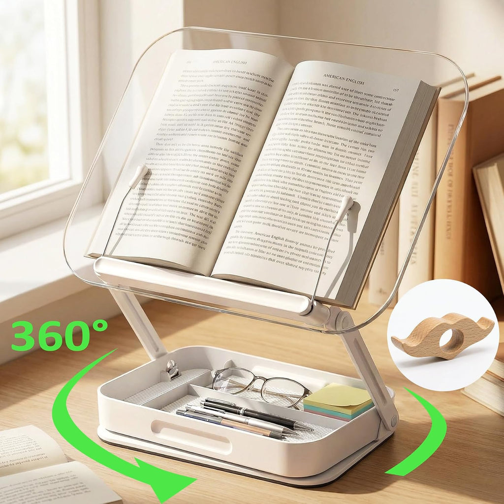 Book Stand for Reading, Acrylic Adjustable Book Holder with Book Page Holder, 360°Cookbook Stand with Storage for Kitchen Counter, Hands Free Recipe Book Holder for Textbook Cookbook, Clear