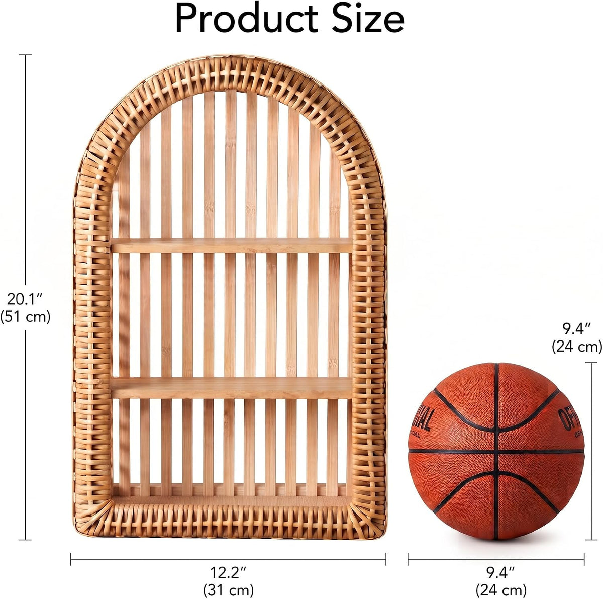 Rattan Wall Shelf - 3 Tier Boho Arched Wicker Hanging Shelves