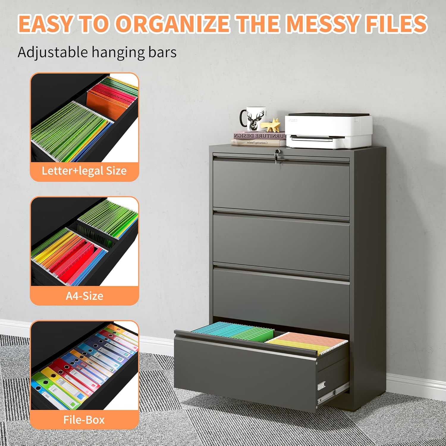 4-Drawer Office File Cabinet, Home Desk Organizer, Lateral File Cabinet with Lock – Heavy-Duty Metal, Filing Cabinet for Home Office, Wide Storage for Letter/Legal/A4/F4, Full-Extension Quiet Slides