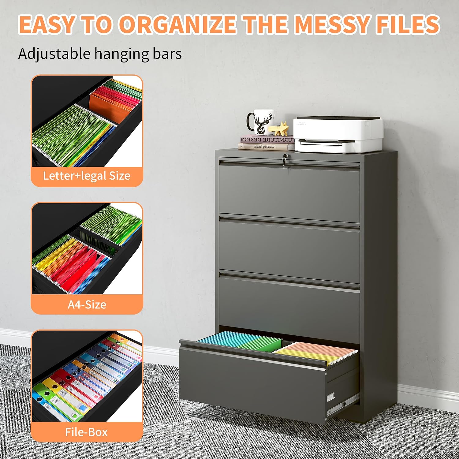 4-Drawer Office File Cabinet, Home Desk Organizer, Lateral File Cabinet with Lock – Heavy-Duty Metal, Filing Cabinet for Home Office, Wide Storage for Letter/Legal/A4/F4, Full-Extension Quiet Slides