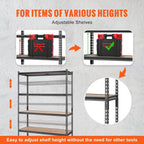 vevor storage shelves 5-tier adjustable 2000 lbs 48"x18"x72" on a desk or shelf