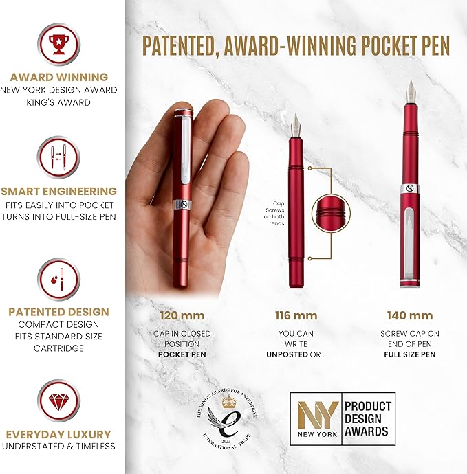 Scriveiner Luxury EDC Fountain Pen, Stunning Matt Red Pocket EDC - Image 4