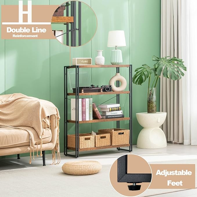 HCHQHS Bookshelf, 4-Tier Industrial Bookcase, Rustic Open Book Shelf, - Image 6