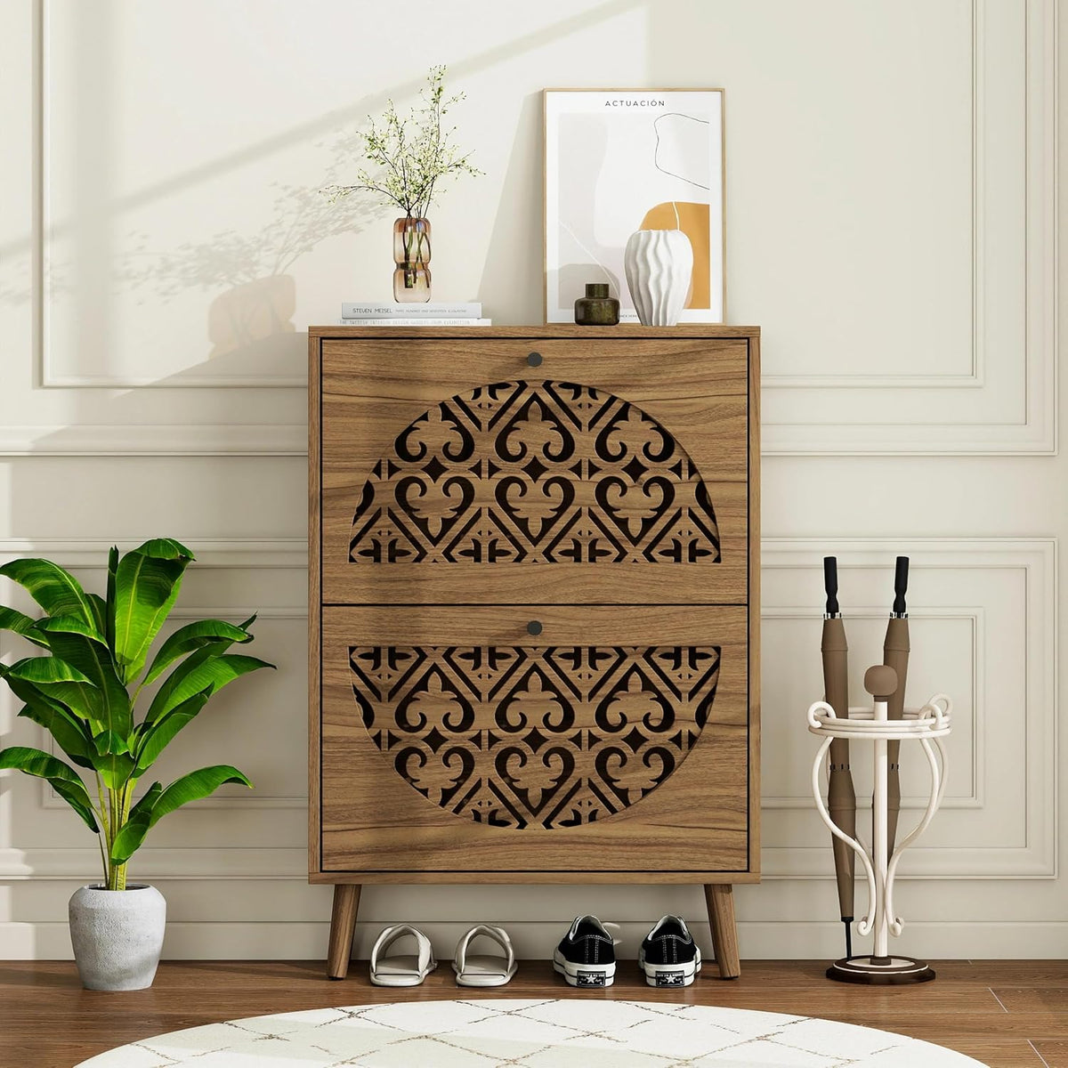 6.7"Ultra-Slim Concealed Shoe Storage Cabinet 2 Flip Drawers Walnut