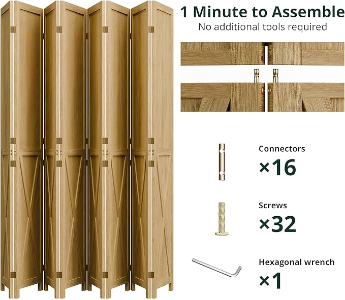 Cozy Castle Wood Room Divider, 8 Panels Folding Privacy Screen, 66.9'' Wall - Image 3