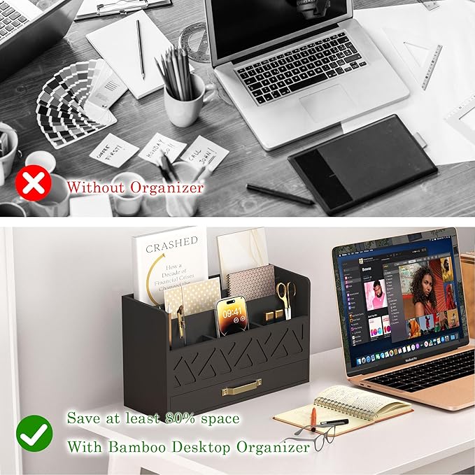 WISUCART Bamboo Mail Organizer Countertop Wood Desk Organizer Drawer Tabletop - Image 5