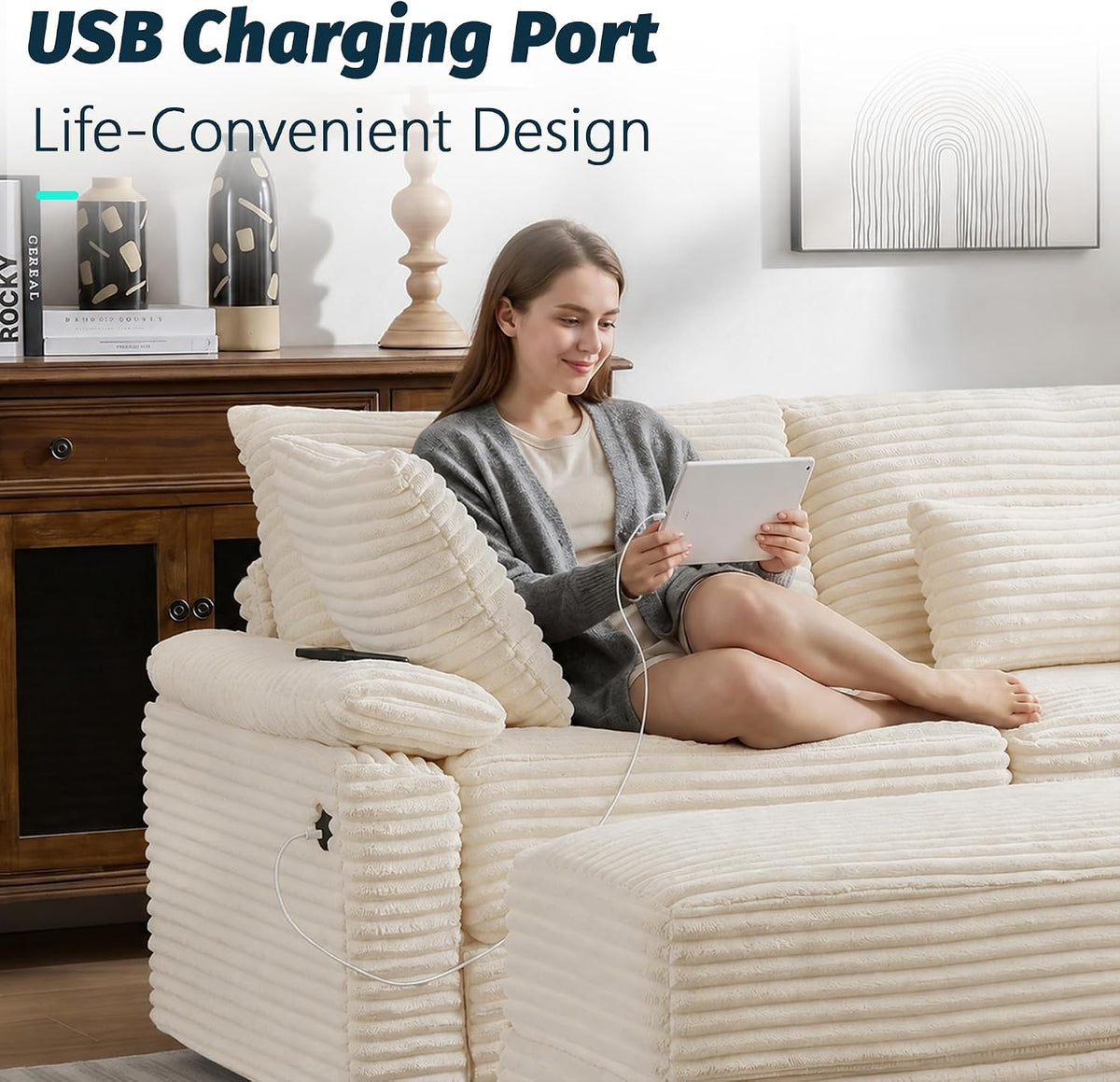 75" Corduroy Loveseat Sofa with Storage Ottoman,USB Charging,Beige