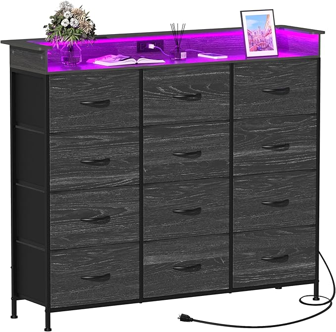 Welfuturer Black Dresser with LED Light 12 Drawers Dresser with Charging - Image 6