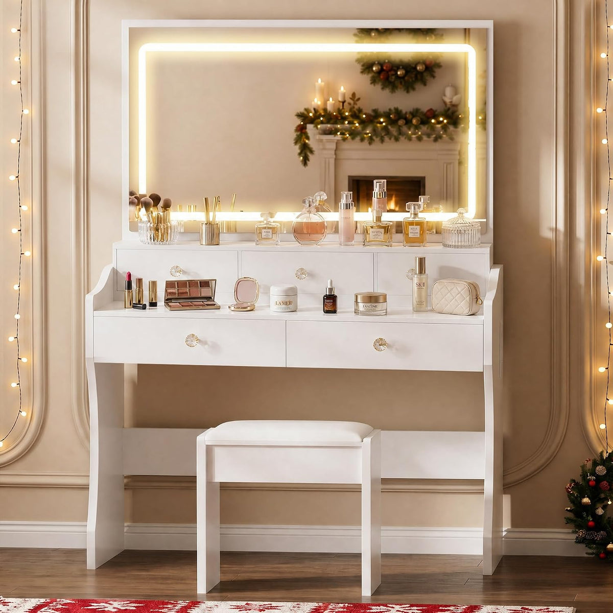 COMHOMA Vanity Desk with LED Lights Mirror & Power Outlet, Small Makeup V...