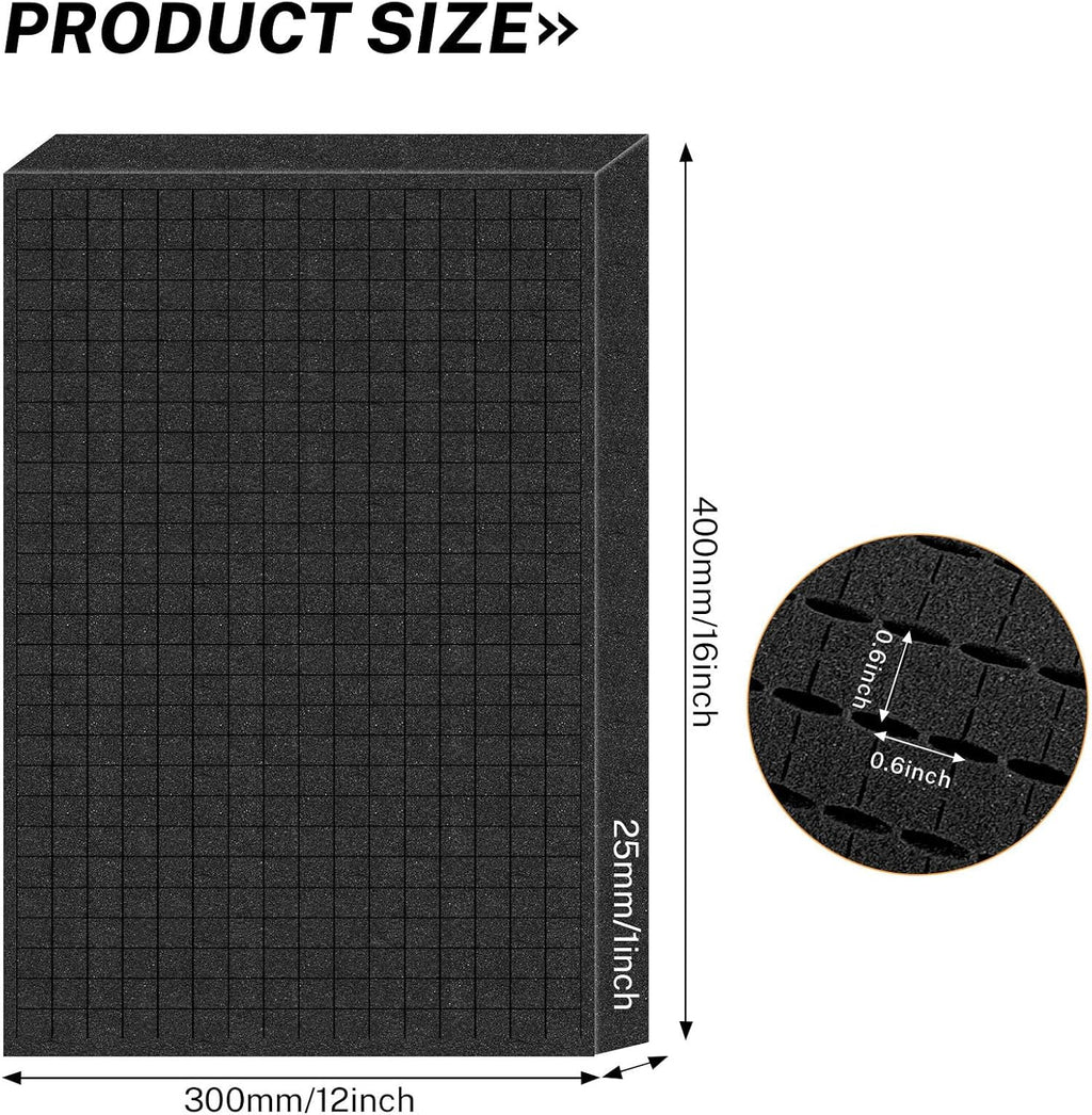 Polyurethane Foam Padding, 2 PCS 16 x 12 x 1 Inch Black Perforated Pick and Pluck Foam Sheets for Tool Box, Camera, Crafts and Storage