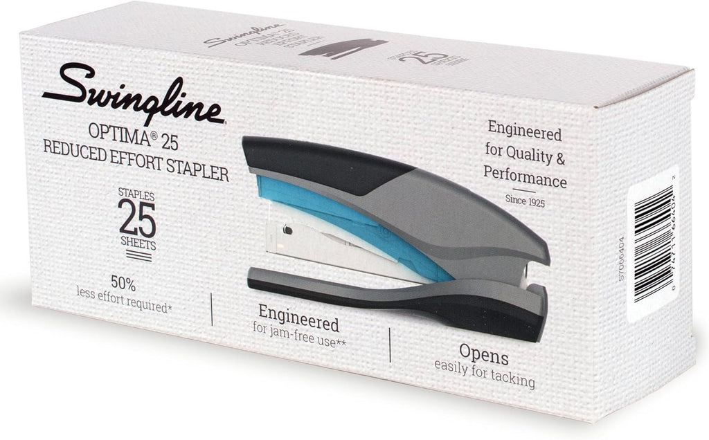Swingline Stapler, 25 Sheet Capacity, Optima 25, Jam Free, Reduced Effort, Soft Grip, Blue and Gray (66404) (Pack of 6)