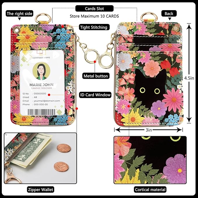 bolimoss Black Cat Flower Lanyard Wallet, Pu Leather Women Zid ID Case - Image 4