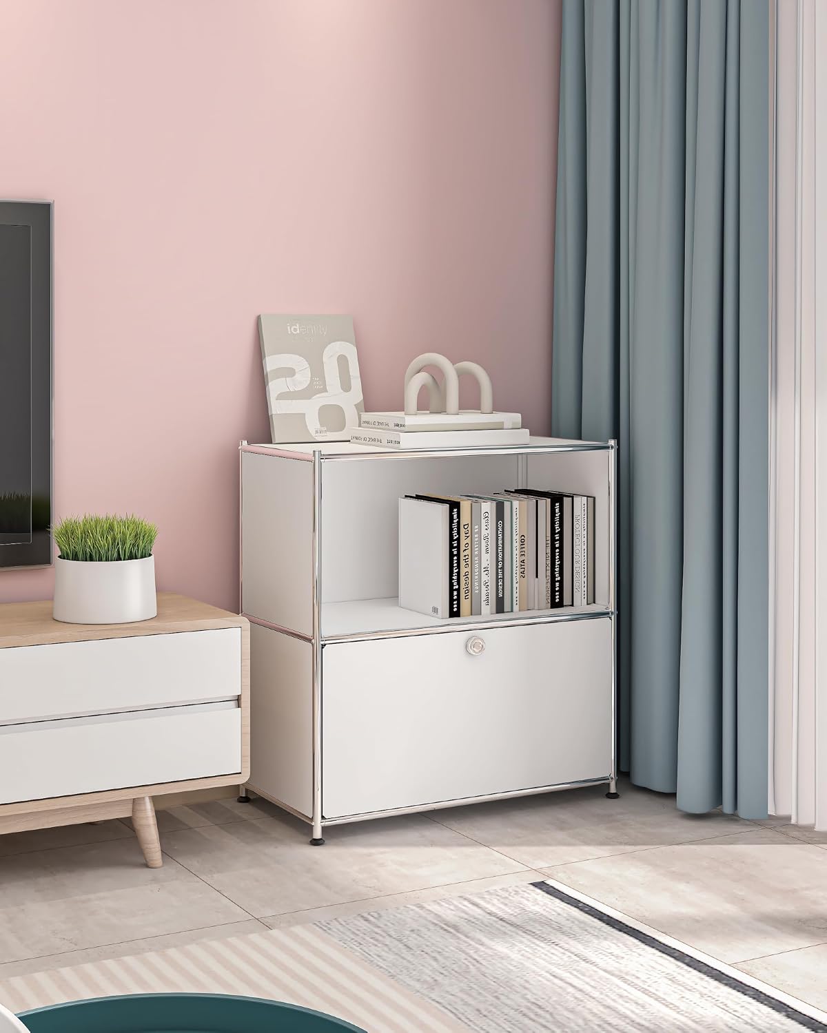 32.5-Inch Flip-Top Storage Cabinet with Detachable Wheels, Metal Side Table a...