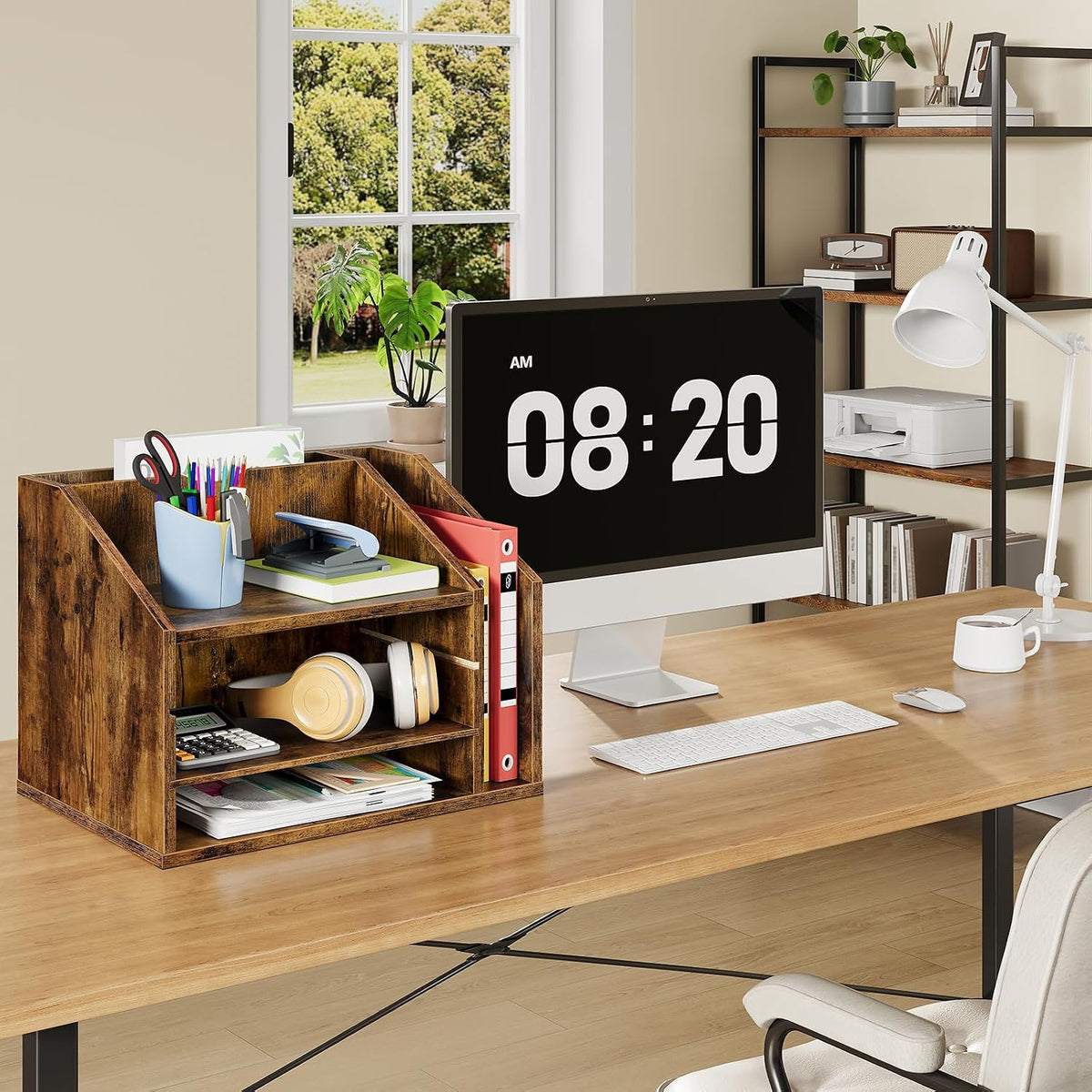 choezon wooden desk organizer with adjustable partitions, rustic, close-up detail