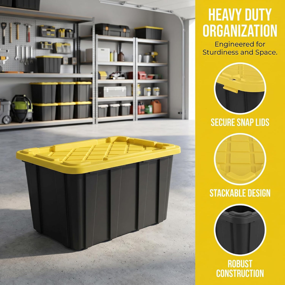 27 gallon heavy duty storage bins with snap, side view