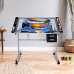 JupiterForce Adjustable Drafting Table Art Desk Drawing Table Versatile Art Craft Work Station Glass Tabletop w/2 Slide Drawers and Wheels for Reading, Writing, Painting Home Office