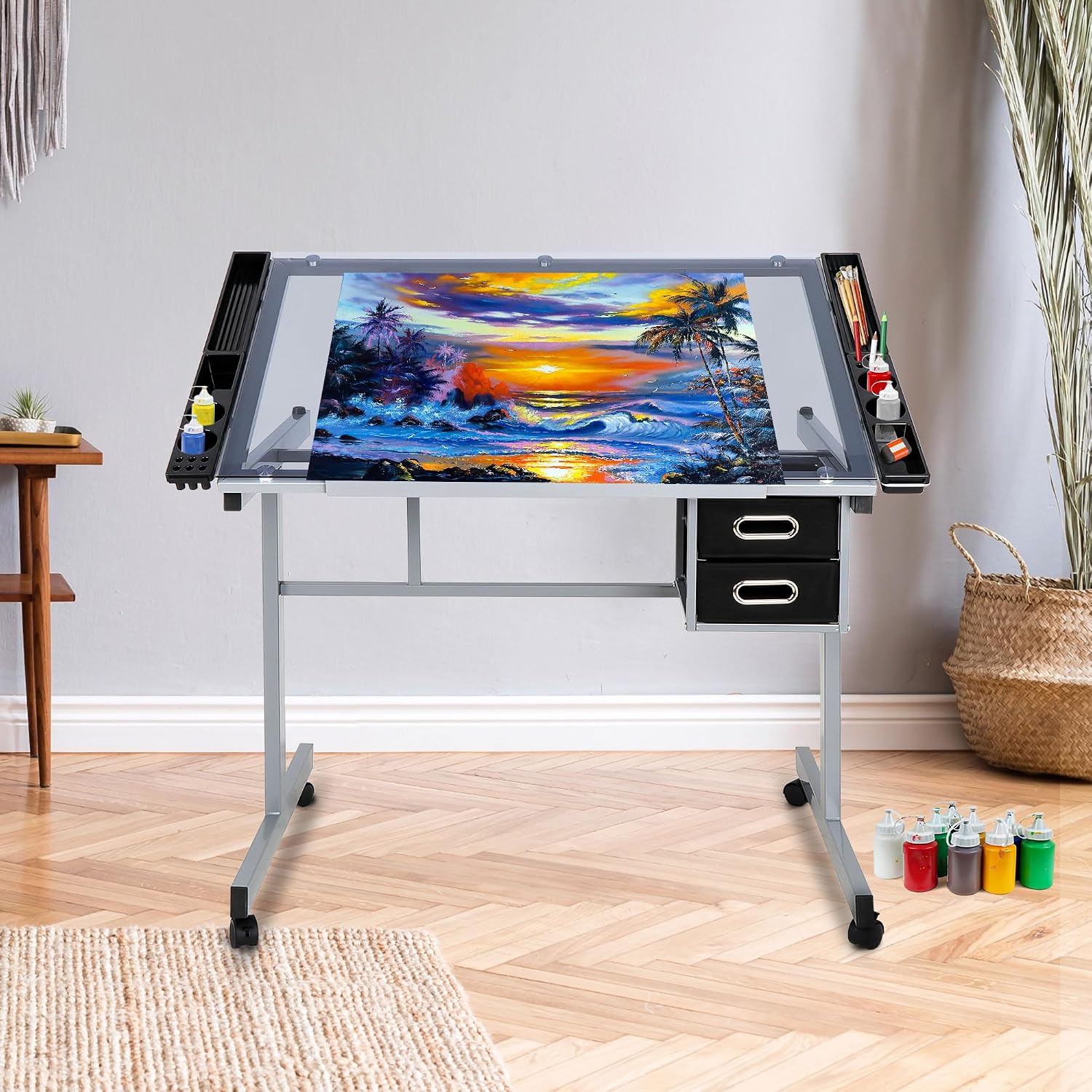 JupiterForce Adjustable Drafting Table Art Desk Drawing Table Versatile Art Craft Work Station Glass Tabletop w/2 Slide Drawers and Wheels for Reading, Writing, Painting Home Office