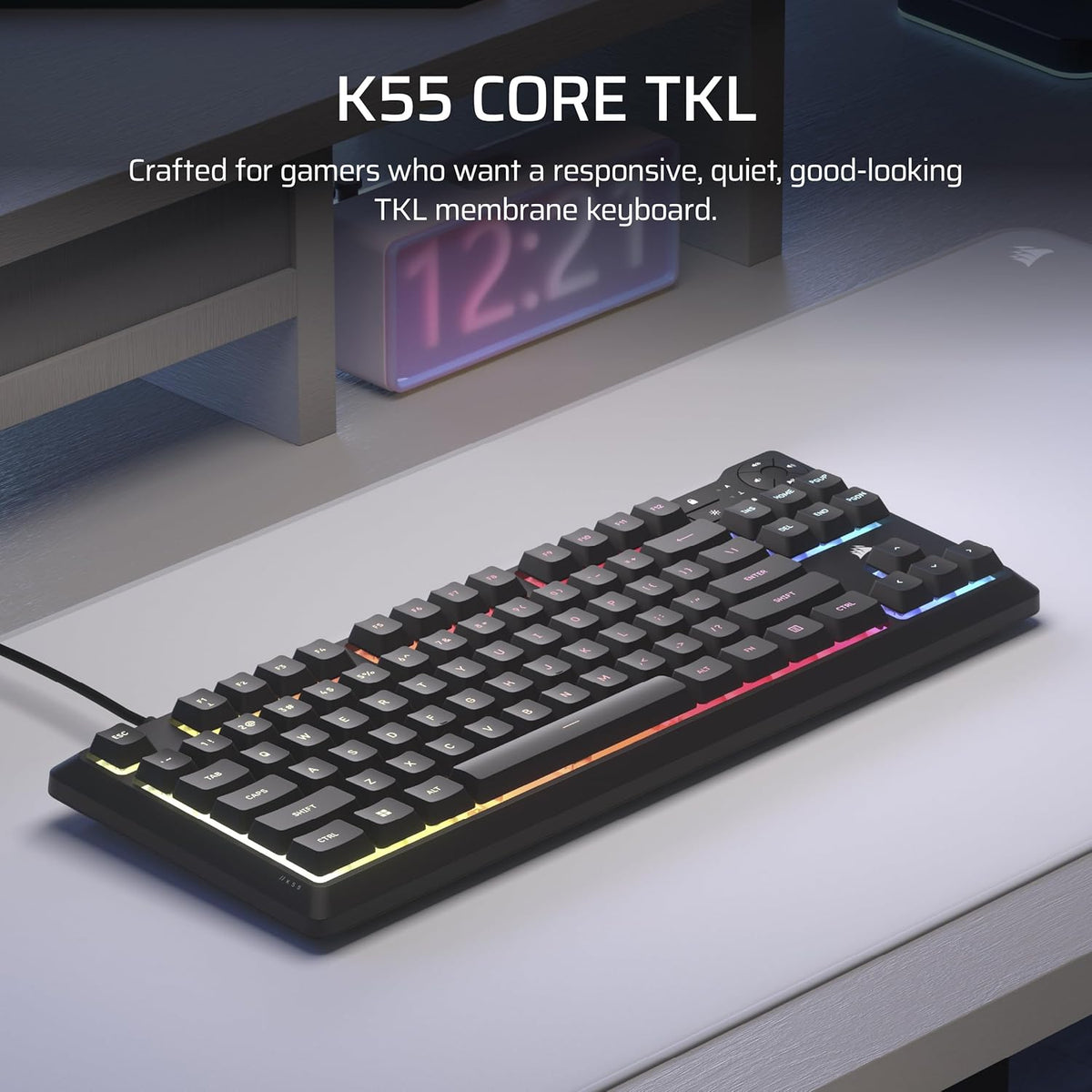 Corsair K55 CORE TKL RGB Gaming Keyboard – Tenkeyless, 8-Zone RGB, Quiet Memb...
