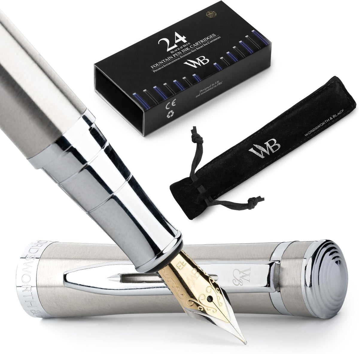 Wordsworth & Black Fountain Pen Set, Extra Fine Nib, Includes 24 Pack Ink