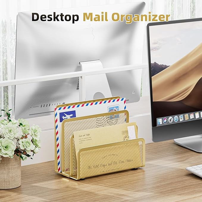 Marbrasse Mail Organizer for Desk, 3-Slot Mesh Metal Mail Holder countertop - Image 5