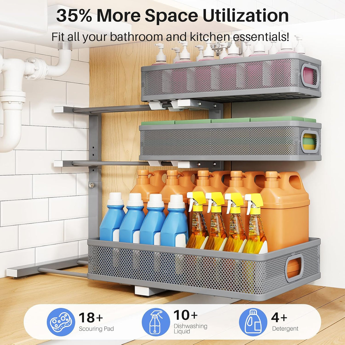 Under Sink Organizer, 3-Tier Thickened Metal Pull out Cabinet Organizer Shelf...
