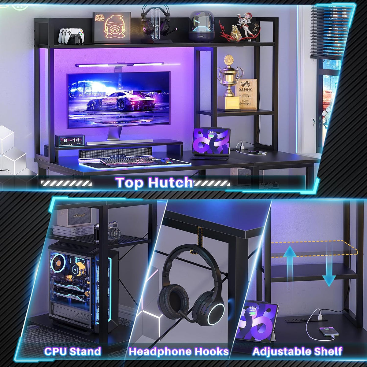 Cyclysio Gaming Desk with Hutch, 39'' Computer Desk with LED Lights &...