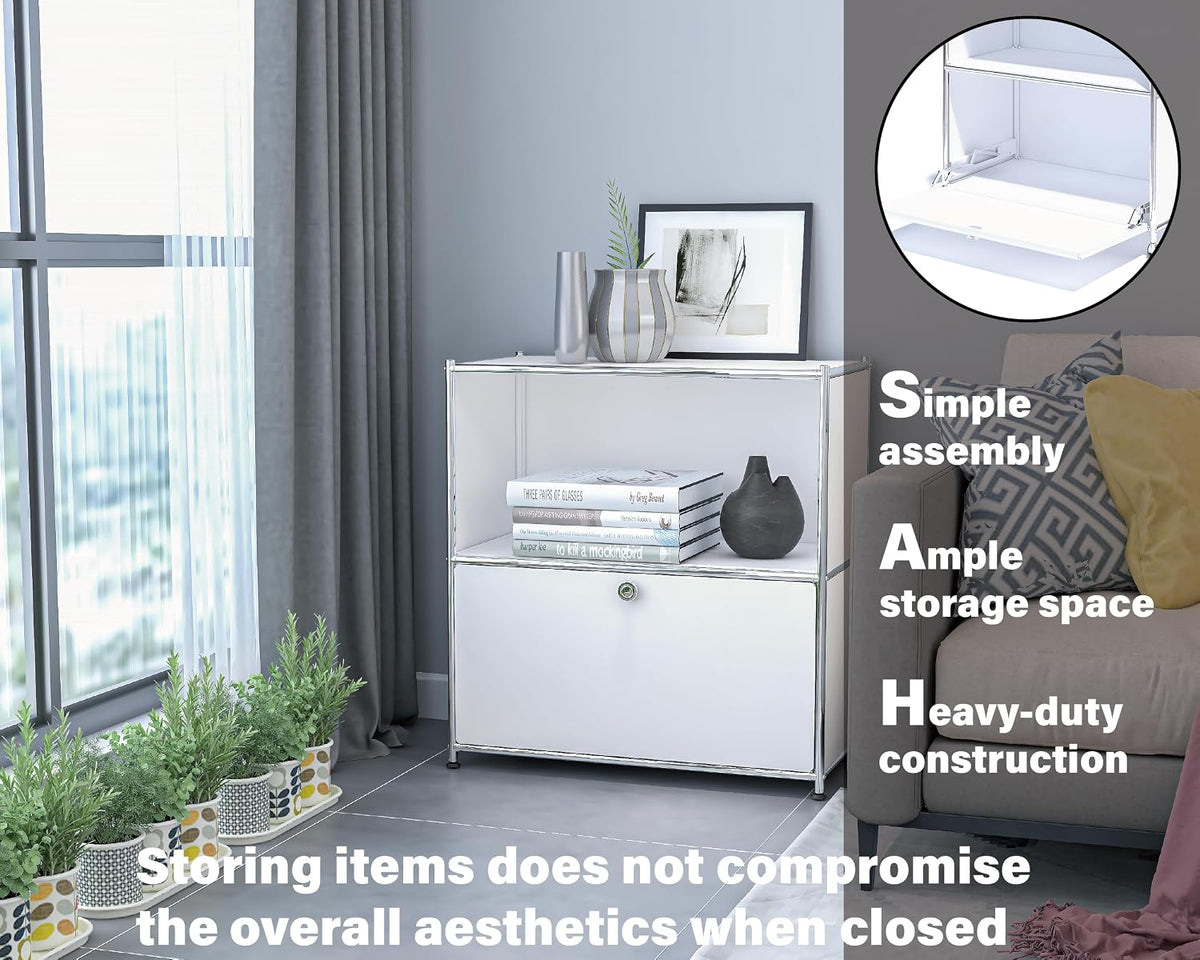 32.5-Inch Flip-Top Storage Cabinet with Detachable Wheels, Metal Side Table a...