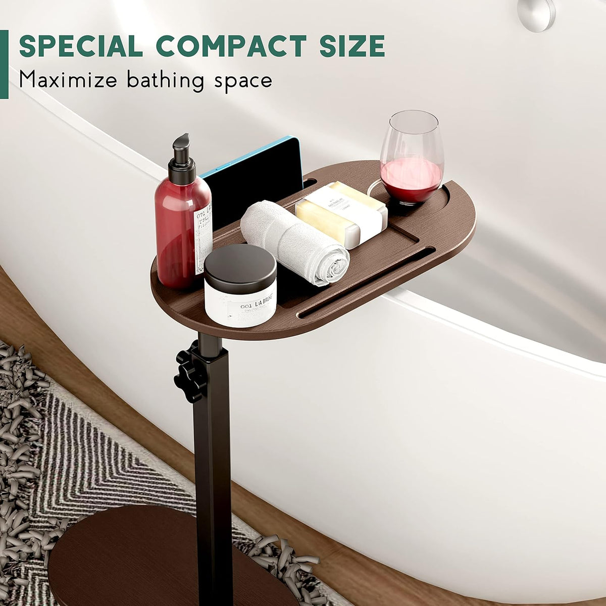 Yumkfoi Bamboo Bathtub Tray Table with Adjustable Height and Freestanding