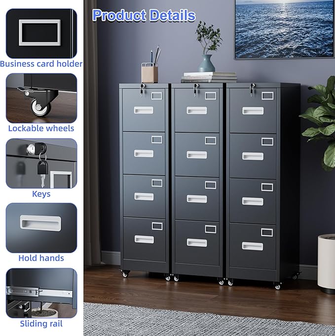 METAN 4 Drawer File Cabinet on Wheels, Lockable Metal Filing Cabinet - Image 4