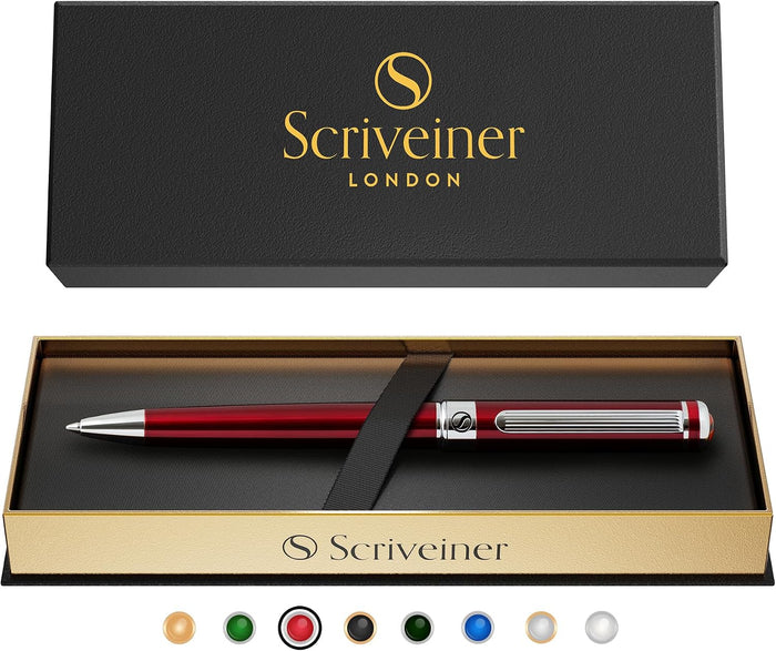Scriveiner Deep Crimson Ballpoint Pen - Stunning Red Lacquer Luxury Pen, Chrome Finish, Schmidt Black Refill, Best Ball Pen Gift Set for Men & Women, Professional Executive Office, Nice Designer Pen
