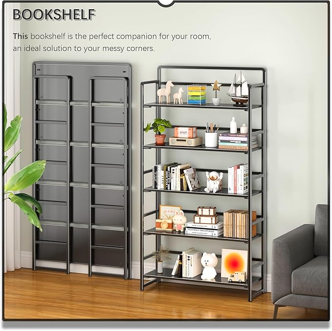4NM No Assembly Extra Wide 5 Tiers Folding Bookshelf Storage Shelves Vintage - Image 3
