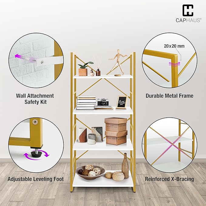 CAPHAUS 4 Tier Bookshelf, Bookcase Shelf Storage Organizer, Living Room - Image 5