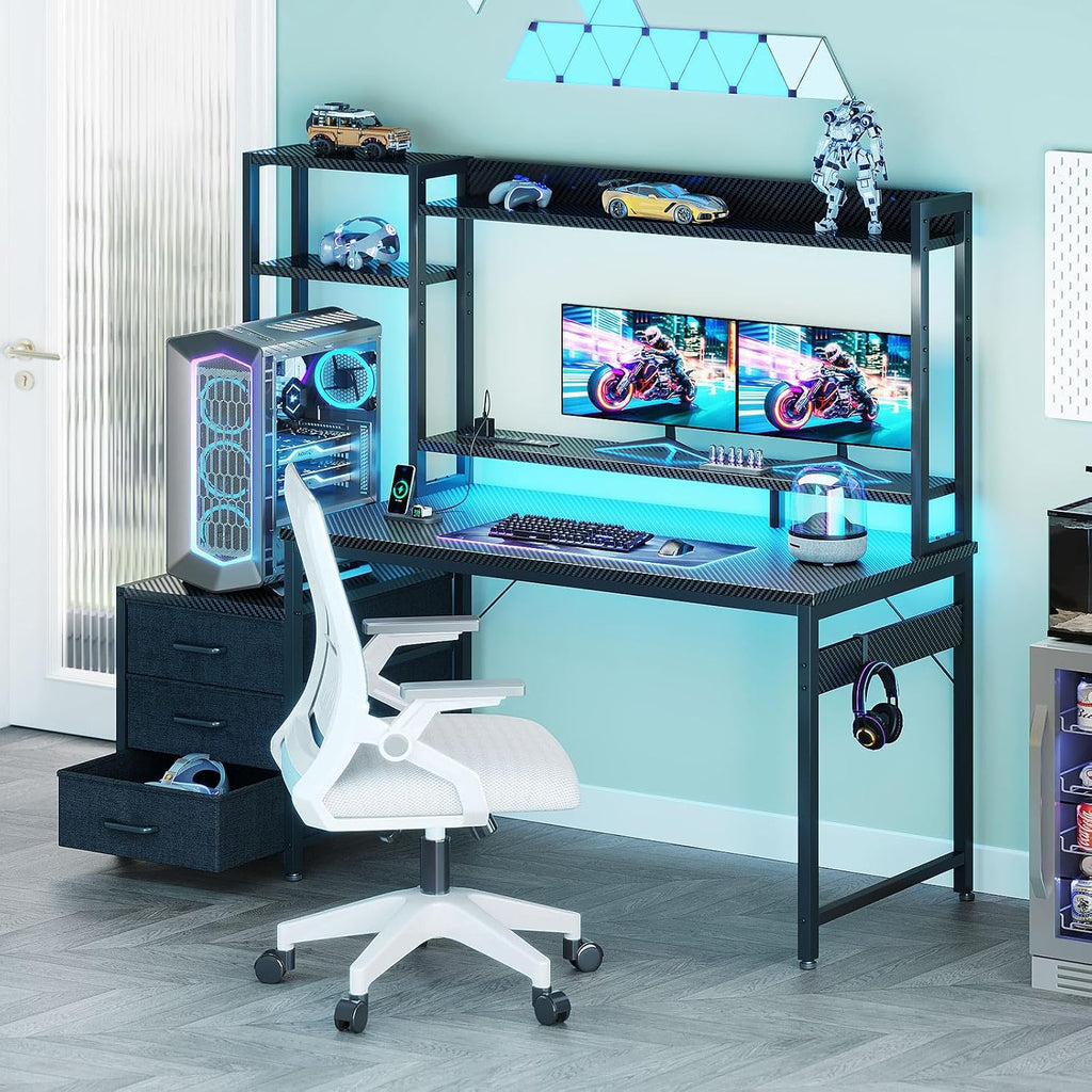 Casaottima 48 Inch Gaming Desk with Shelves & Hutch & 3 Drawers & LED Light | Reversible PC Desk with Tower Stand & Power Outlets, Computer Desk for Home Office, Carbon Fiber Black