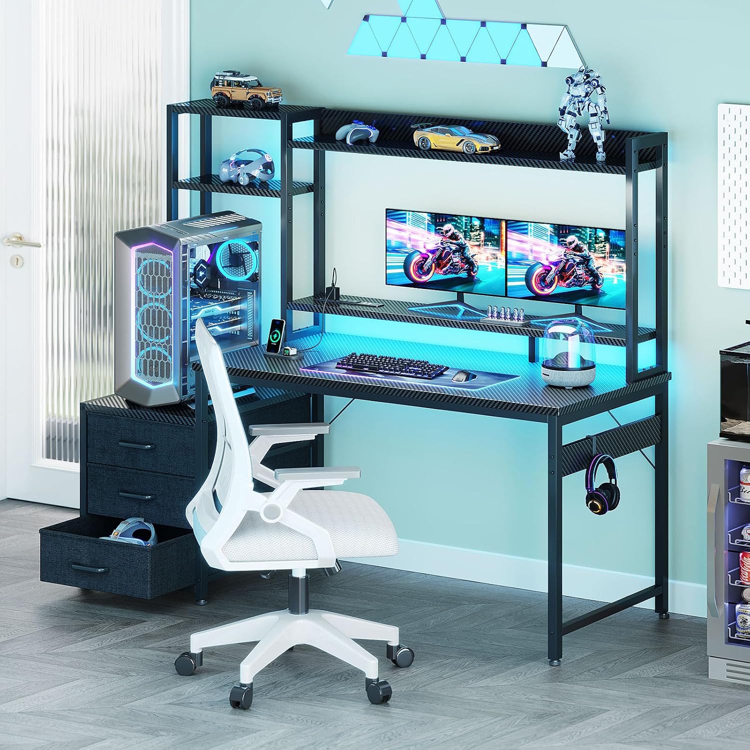 Casaottima 48 Inch Gaming Desk with Shelves & Hutch & 3 Drawers & LED Light | Reversible PC Desk with Tower Stand & Power Outlets, Computer Desk for Home Office, Carbon Fiber Black