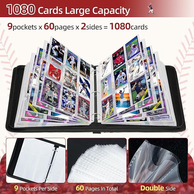 1080 Pockets Baseball Card Binder 9 Pocket, Trading Card Binder - Image 2