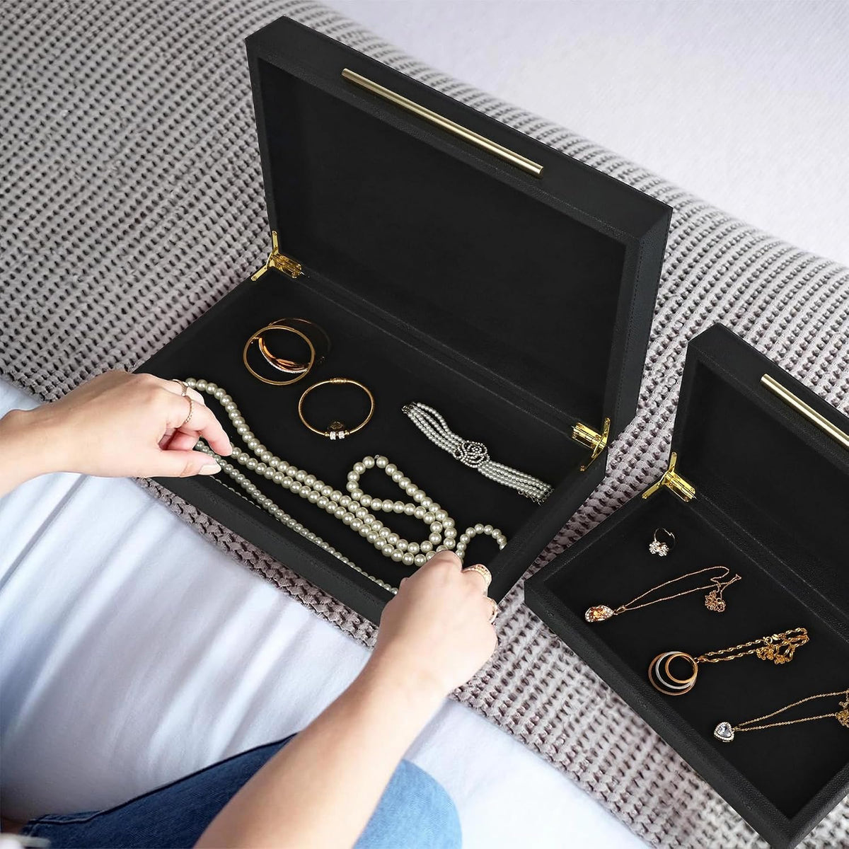 HofferRuffer Faux Leather Decorative Boxes Set of 2, Large Nesting Keepsake B...