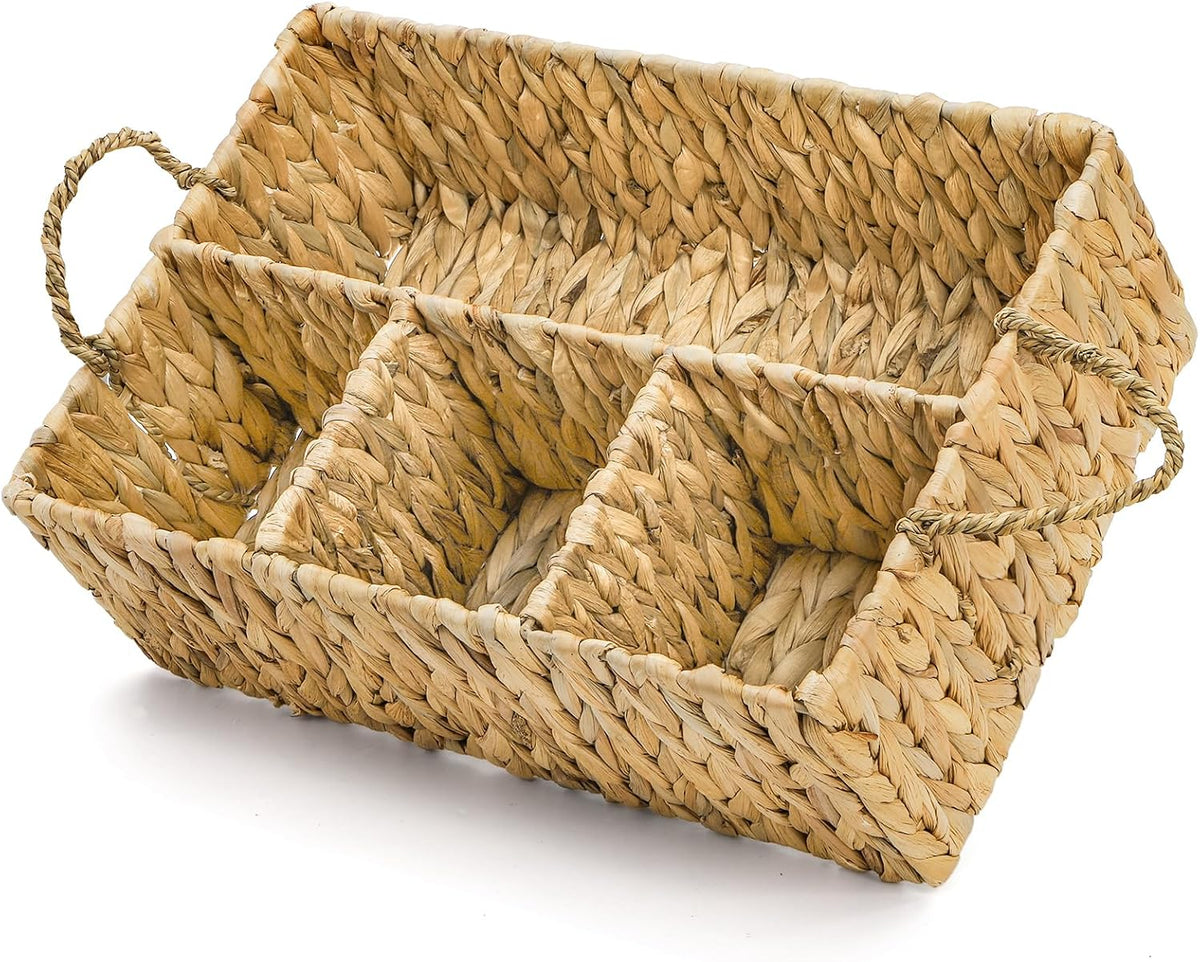 Divided Water Hyacinth Storage Basket, 4 Section Natural Wicker Storage Bin, ...